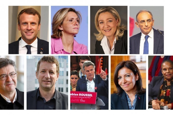 De gauche à droite, et de haut en bas : Emmanuel Macron, Valérie Pécresse, Marine Le Pen, Eric Zemmour, Jean-Luc Mélenchon, Yannick Jadot, Fabien Roussel, Anne Hidalgo et Christiane Taubira. De gauche à droite, et de haut en bas : © Henri Garat/Mairie de Paris ; © Fred Marvaux/European Union 2016 ; © Zouhair Nakara ; © AG Gymnasium Melle ; © Arno Mikkor/Estonian Presidency ; © Marie-Lan Nguyen ; © Illian Derex ; © Philippe Grangeaud ; © Greensefa.